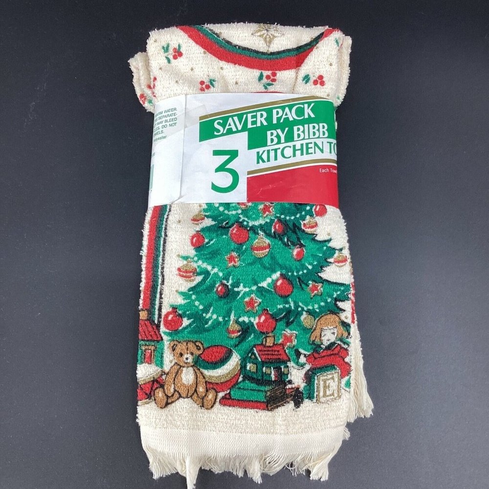 New! Vintage BIBB Kitchen 3 Piece Towel Set Christmas Holiday 90's Made In USA